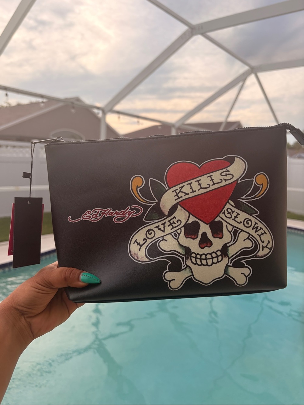 Ed Hardy Black Graphic Zip travel Pouch - Love Kills Design-NWT